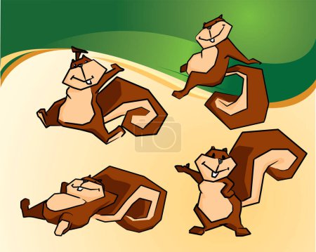 Ilustración de Vector ilustración de un conjunto de lindas ardillas de dibujos animados jugando en una cuerda - Imagen libre de derechos