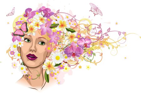 Ilustración de Hermosa chica con pelo floral. ilustración vectorial - Imagen libre de derechos