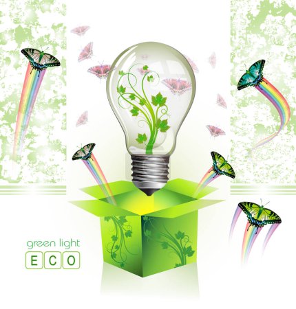 Téléchargez les illustrations : Ampoule à énergie verte avec feuilles et papillons - en licence libre de droit
