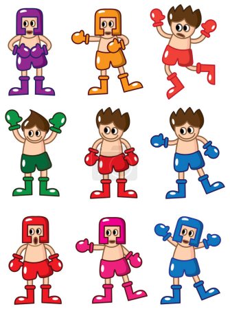Téléchargez les illustrations : Ensemble de différents personnages de dessin animé dans des gants de boxe. - en licence libre de droit