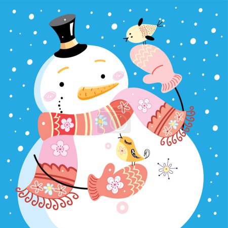 Illustration for Cute snowman and birds. vector illustration. - Royalty Free Image