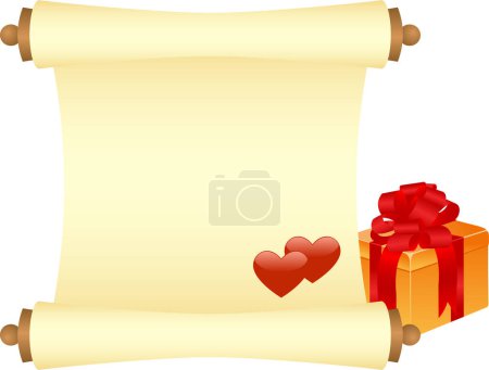 Illustration for Red hearts on  scroll  and gift - Royalty Free Image