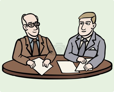 Ilustración de Dos hombres sentados a la mesa, hablando, ilustración vectorial. personaje de dibujos animados. - Imagen libre de derechos