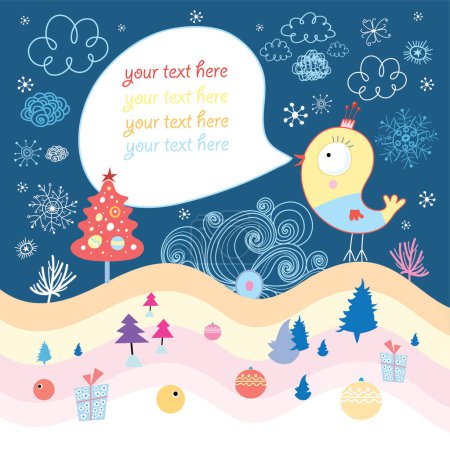 Ilustración de Lindo pájaro de dibujos animados y árbol de Navidad en la nieve - Imagen libre de derechos