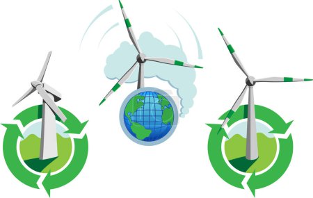 Illustration for Wind turbines with green leaves - Royalty Free Image