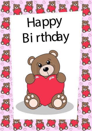Téléchargez les illustrations : Carte d'anniversaire joyeux avec ours dessin animé mignon - en licence libre de droit