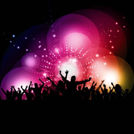 Illustration for Silhouette of a party audience on a glowing lights backgroun - Royalty Free Image