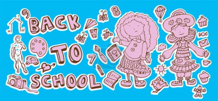 Ilustración de De vuelta a la tarjeta de la escuela con la ilustración del vector de dibujos animados doodle - Imagen libre de derechos
