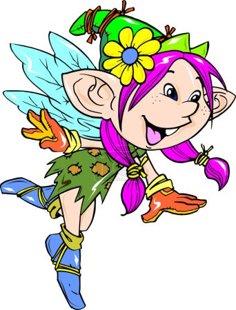 Téléchargez les illustrations : Illustration vectorielle de fille elfe dessin animé mignon volant dans le vent et souriant. isolé sur fond blanc - en licence libre de droit