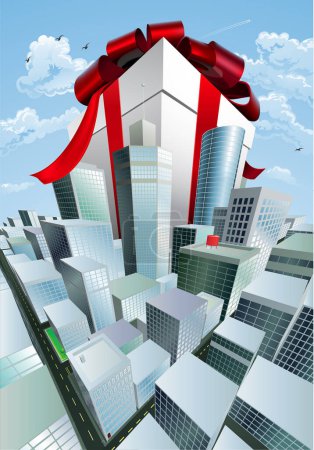 Téléchargez les illustrations : Illustration 3D de la ville avec des boîtes cadeaux sur ruban rouge - en licence libre de droit