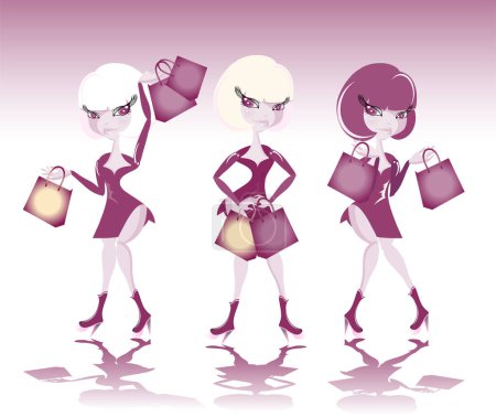 Téléchargez les illustrations : Trois belles filles avec des sacs à provisions dans les mains - en licence libre de droit