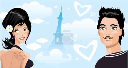 Illustration for Vector illustration of a couple of lovers with a eiffel tower in background. - Royalty Free Image