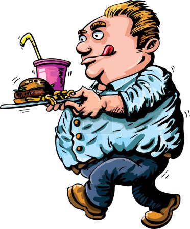 Téléchargez les illustrations : Dessin animé homme affamé manger de la restauration rapide. illustration vectorielle d'un fast food - en licence libre de droit