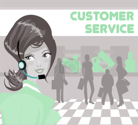 Ilustración de Concepto de servicio al cliente. mujer con auriculares - Imagen libre de derechos