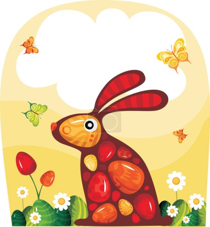 Ilustración de Huevo de Pascua con conejito y flores - Imagen libre de derechos