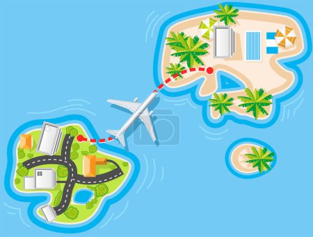 Illustration for Vector illustration, travel map, palm tree, road, airplane, plane, route - Royalty Free Image
