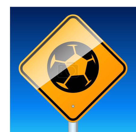 Illustration for Soccer ball in yellow road sign isolated on blue background - Royalty Free Image