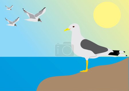Illustration for Vector illustration of seagull flying on the sea - Royalty Free Image