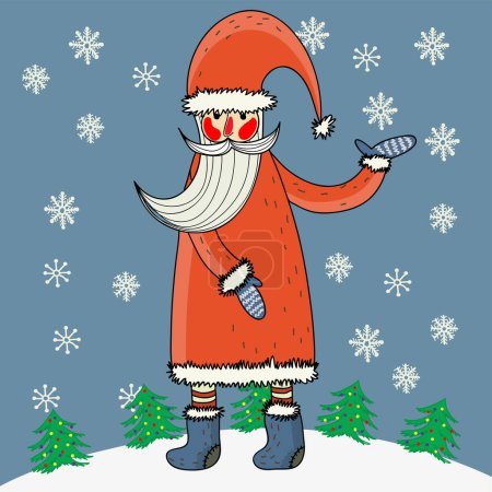 Illustration for Santa claus with a bag of gifts and a cane. christmas card. vector illustration. - Royalty Free Image