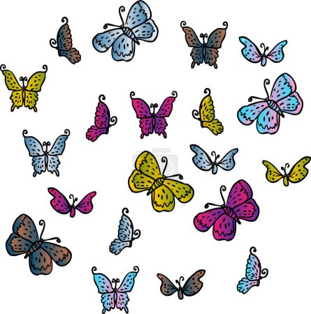Téléchargez les illustrations : Vecteur papillons dessinés à la main ensemble. papillons doodle colorés. - en licence libre de droit