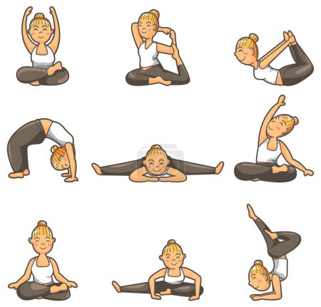 Ilustración de Yoga girl poses. personaje de dibujos animados. vector. - Imagen libre de derechos