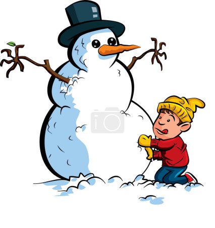 Téléchargez les illustrations : Bonhomme de neige dessin animé avec un sac d'un bonhomme de neige - en licence libre de droit