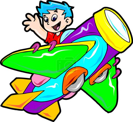 Téléchargez les illustrations : Illustration vectorielle de dessin animé garçon avec un avion - en licence libre de droit