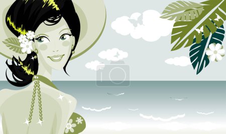 Téléchargez les illustrations : Belle fille avec un chapeau sur la plage - en licence libre de droit