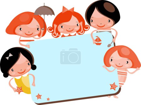 Téléchargez les illustrations : Illustration vectorielle d'un mignon dessin animé enfants jouant avec un cadre - en licence libre de droit