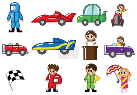 Téléchargez les illustrations : Dessin animé enfants et véhicules, vecteur conception simple - en licence libre de droit