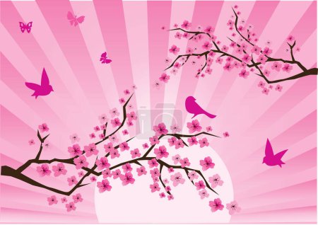 Ilustración de Flores rosadas en una rama de árbol con mariposas. ilustración vectorial. - Imagen libre de derechos