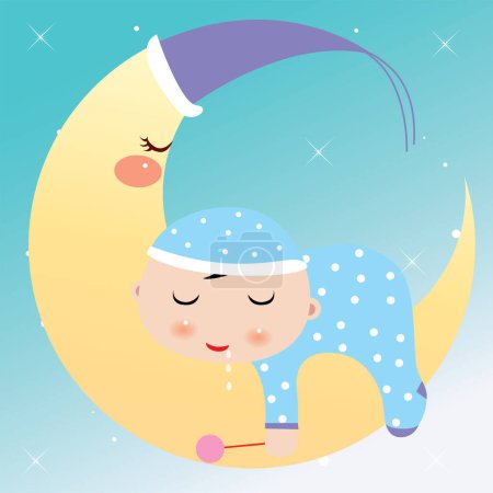Téléchargez les illustrations : Mignon bébé garçon dormir sur la lune - en licence libre de droit