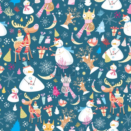 Ilustración de Fondo de Navidad sin costuras con animales lindos y muñecos de nieve. patrón de Navidad - Imagen libre de derechos
