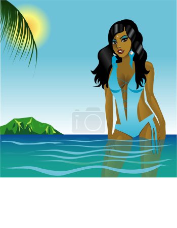 Téléchargez les illustrations : Illustration vectorielle d'un maillot de bain Teal Girl dans l'eau à la plage. - en licence libre de droit