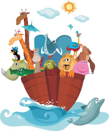 Téléchargez les illustrations : Illustration vectorielle de dessin animé animal sur le navire - en licence libre de droit
