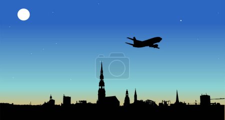 Ilustración de Silueta de un avión volando por la noche en el cielo. ilustración vectorial - Imagen libre de derechos