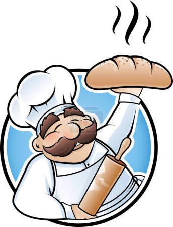 Ilustración de Ilustración de un panadero sosteniendo una barra de pan y rodillo en el fondo de una tabla de madera - Imagen libre de derechos