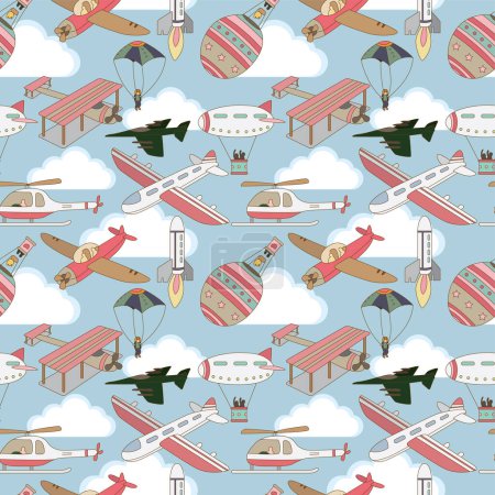 Ilustración de Patrón sin fisuras con aviones, nubes, aviones, aviones y nubes en un fondo del cielo. ilustración vectorial para niños - Imagen libre de derechos