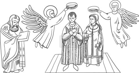 Ilustración de Ilustración cristiana. boda de la iglesia. recién casados y ángeles - Imagen libre de derechos