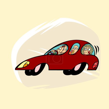 Téléchargez les illustrations : Dessin animé voiture rouge avec passagers, illustration vectorielle - en licence libre de droit