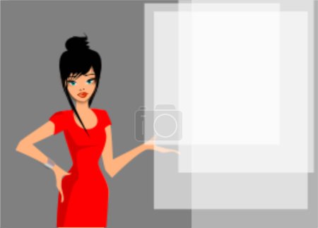 Ilustración de Joven hermosa mujer en un vestido rojo que muestra el espacio en blanco blanco, ilustración vectorial - Imagen libre de derechos