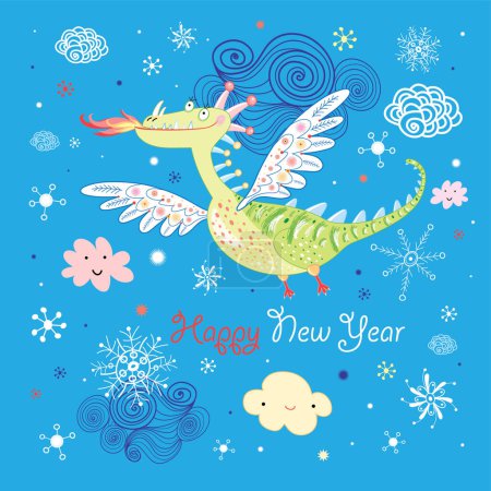 Illustration for Happy new year greeting card with cute cartoon character, flying dinosaur - Royalty Free Image