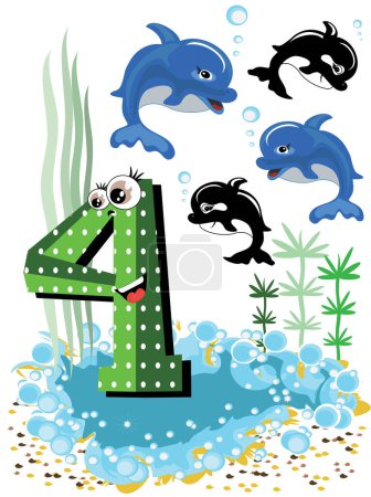 Illustration for Vector image of a funny dolphins and number 4 - Royalty Free Image