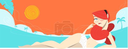 Illustration for Headed girl in bikini biting her lips. Woman at vacation,  paradise beach with a blue sea. Artistic background and illustration - Royalty Free Image