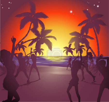Téléchargez les illustrations : Silhouettes de personnes dansant au coucher du soleil sur la plage. - en licence libre de droit