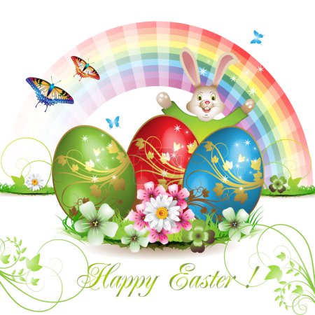 Ilustración de Feliz Pascua huevos coloridos con conejo - Imagen libre de derechos