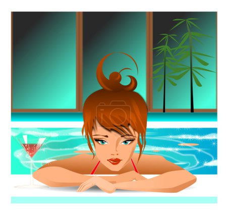 Téléchargez les illustrations : Fille couchée dans une piscine spa. illustration vectorielle - en licence libre de droit