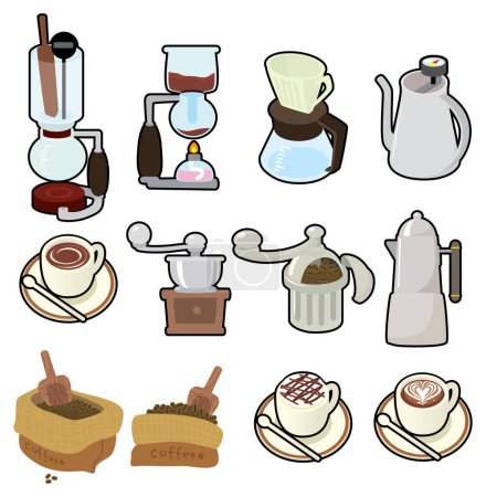 Ilustración de Set de café, tazas de café té, molinillo de café, granos de café sobre fondo blanco - Imagen libre de derechos