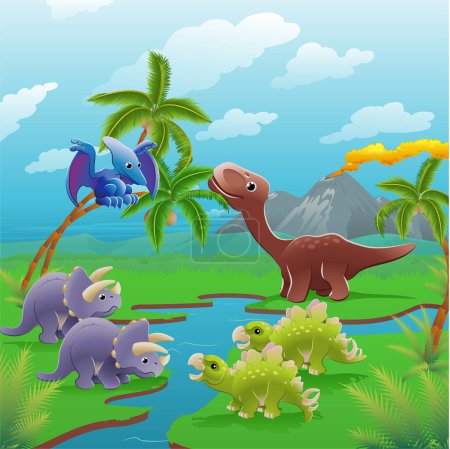 Téléchargez les illustrations : Illustration de dinosaures dans la jungle - en licence libre de droit