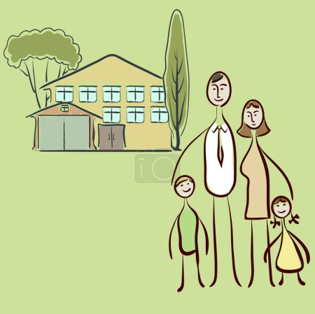 Ilustración de Familia feliz con los niños y la casa grande al aire libre, vector de ilustración - Imagen libre de derechos